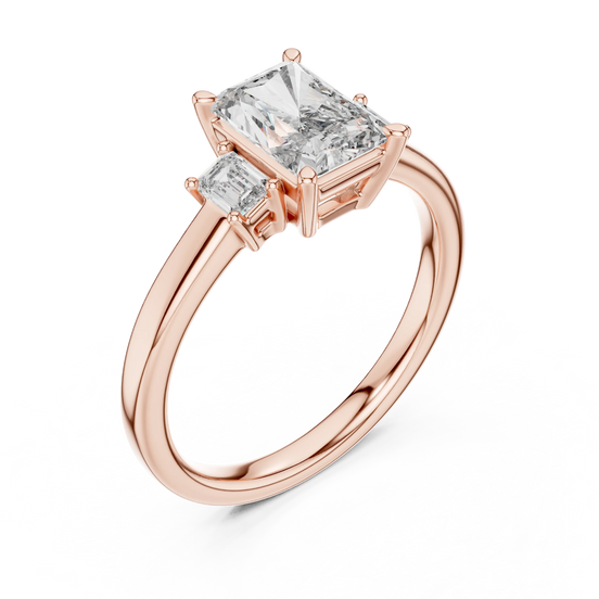 Radiant lab grown diamond three stone engagement ring in rose gold