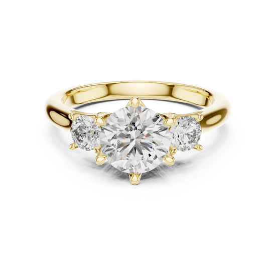 Round lab grown diamond three stone engagement ring in yellow gold
