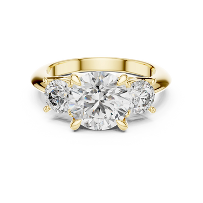 Round lab grown diamond three stone engagement ring in yellow gold