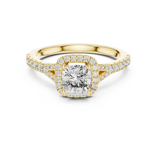 Cushion lab grown diamond halo engagement ring in yellow gold