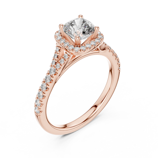 Cushion lab grown diamond halo engagement ring in rose gold