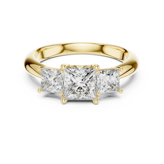 Princess lab grown diamond three stone engagement ring in yellow gold