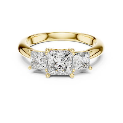 Princess lab grown diamond three stone engagement ring in yellow gold
