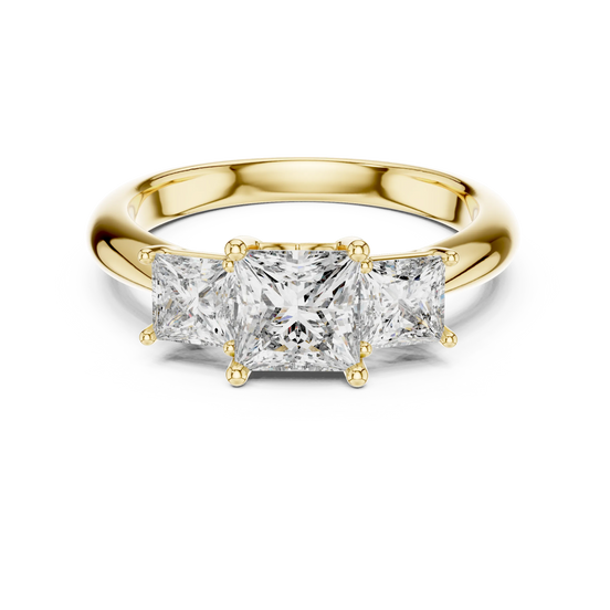 Princess lab grown diamond three stone engagement ring in yellow gold