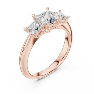 Princess lab grown diamond three stone engagement ring in rose gold