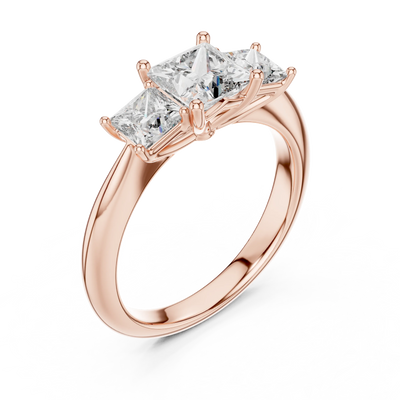 Princess lab grown diamond three stone engagement ring in rose gold