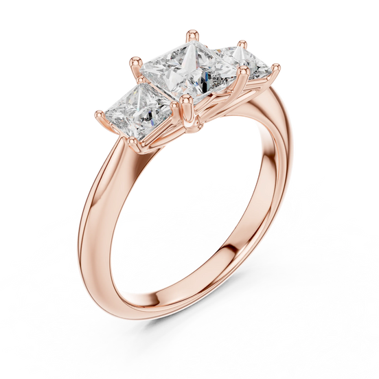 Princess lab grown diamond three stone engagement ring in rose gold
