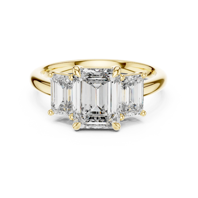 Emerald Lab Grown Diamond Three Stone Engagement Ring in Yellow Gold