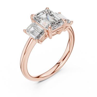 Emerald Lab Grown Diamond Three Stone Engagement Ring in Rose Gold