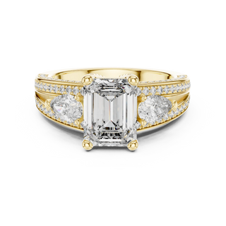 Emerald lab grown diamond three-stone ring in yellow gold