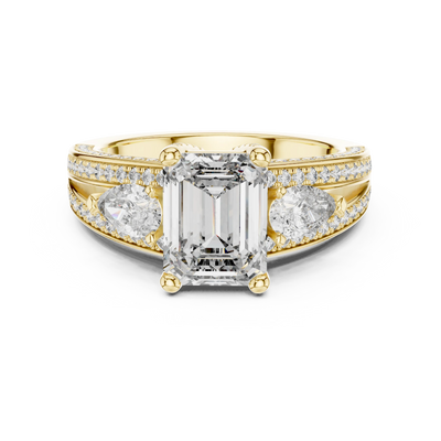 Emerald lab grown diamond three-stone ring in yellow gold