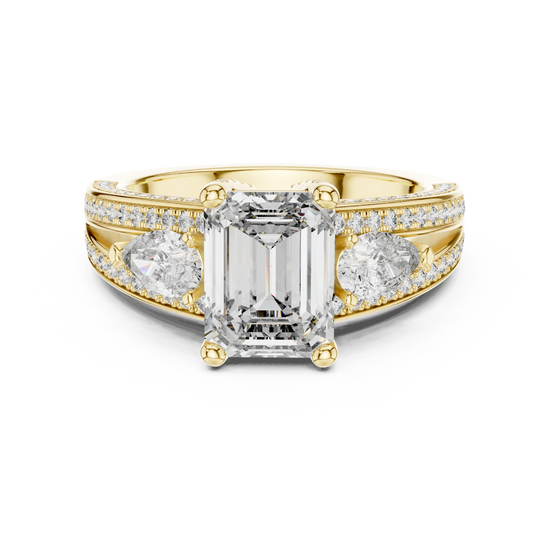Emerald lab grown diamond three-stone ring in yellow gold