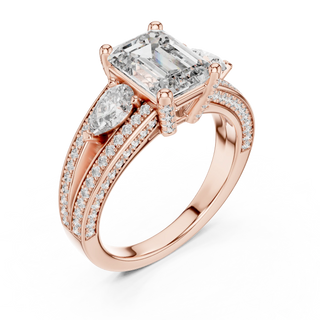 Emerald lab grown diamond three-stone ring in rose gold