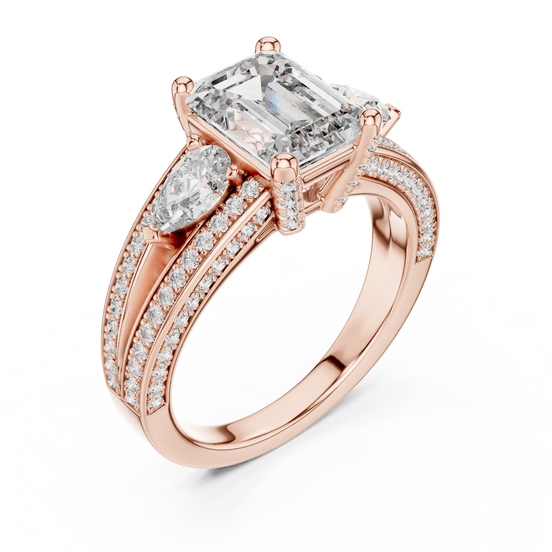 Emerald lab grown diamond three-stone ring in rose gold