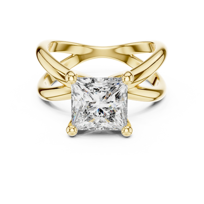 princess lab grown diamond crossover solitaire ring in yellow gold