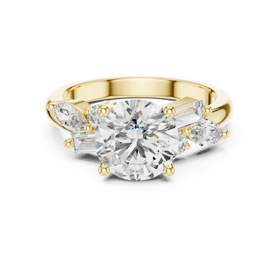 round lab grown diamond three-stone ring in yellow gold