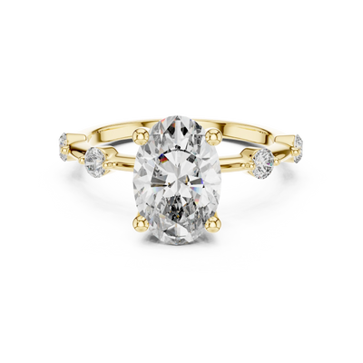 oval lab grown diamond split shank engagement ring in yellow gold