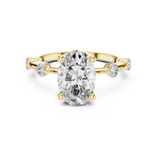 oval lab grown diamond split shank engagement ring in yellow gold