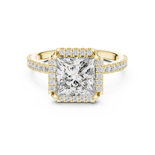 Princess lab grown diamond halo engagement ring in yellow gold