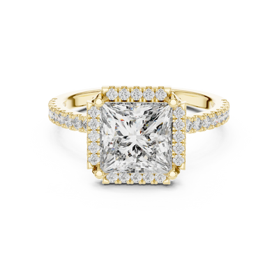 Princess lab grown diamond halo engagement ring in yellow gold