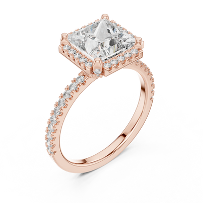 Princess lab grown diamond halo engagement ring in rose gold