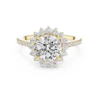 round diamond scalloped halo engagement ring in yellow gold
