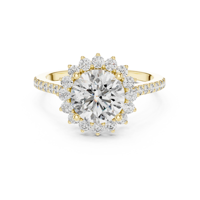 round diamond scalloped halo engagement ring in yellow gold
