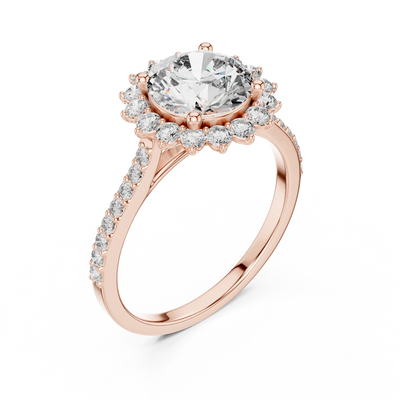round diamond scalloped halo engagement ring in rose gold

