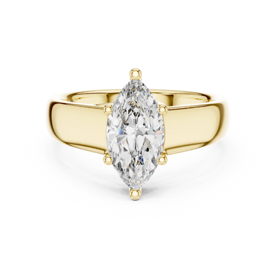 marquise diamond wide-band engagement ring in yellow gold
