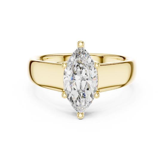 marquise diamond wide-band engagement ring in yellow gold
