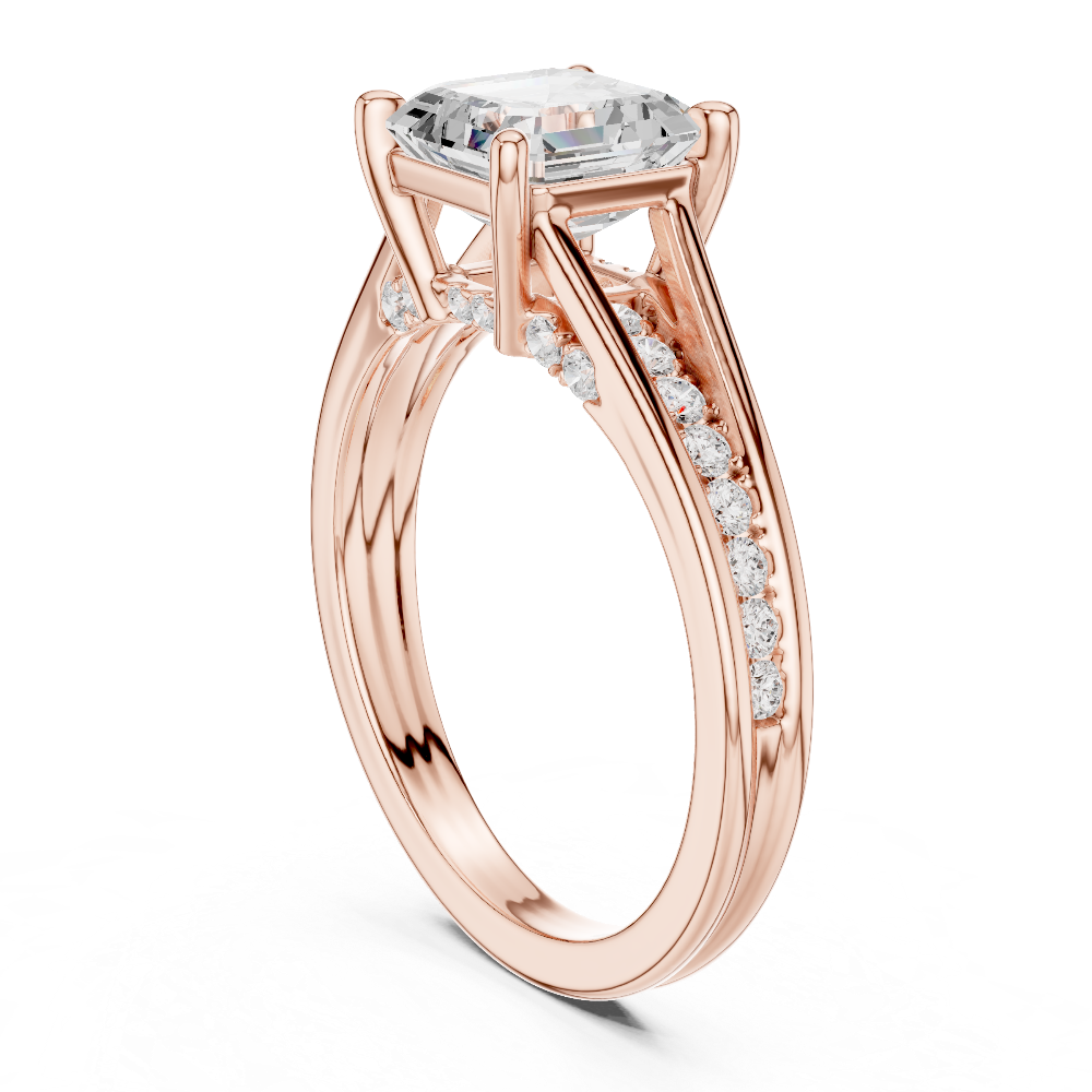 Ladies Asscher split shank diamond ring in gold with Asscher and round lab grown diamonds by Signora Jewels