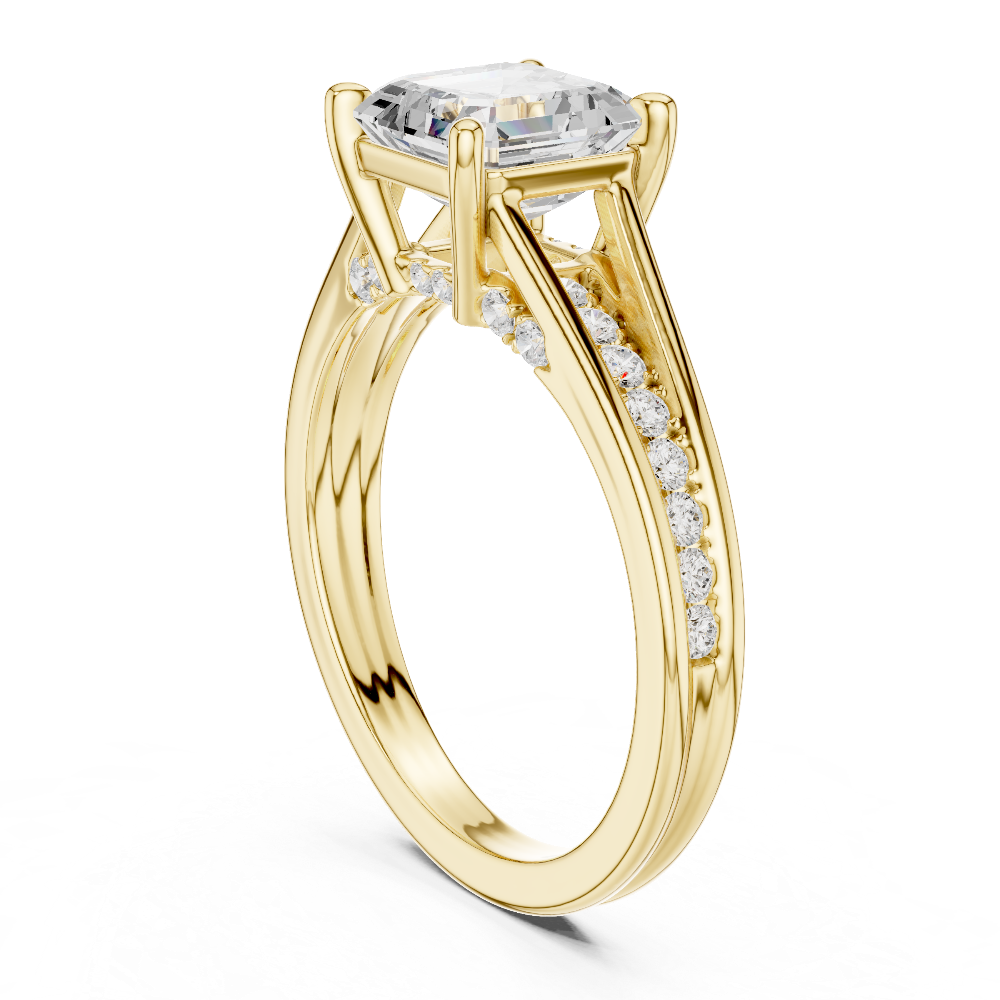 Ladies Asscher split shank diamond ring in gold with Asscher and round lab grown diamonds by Signora Jewels