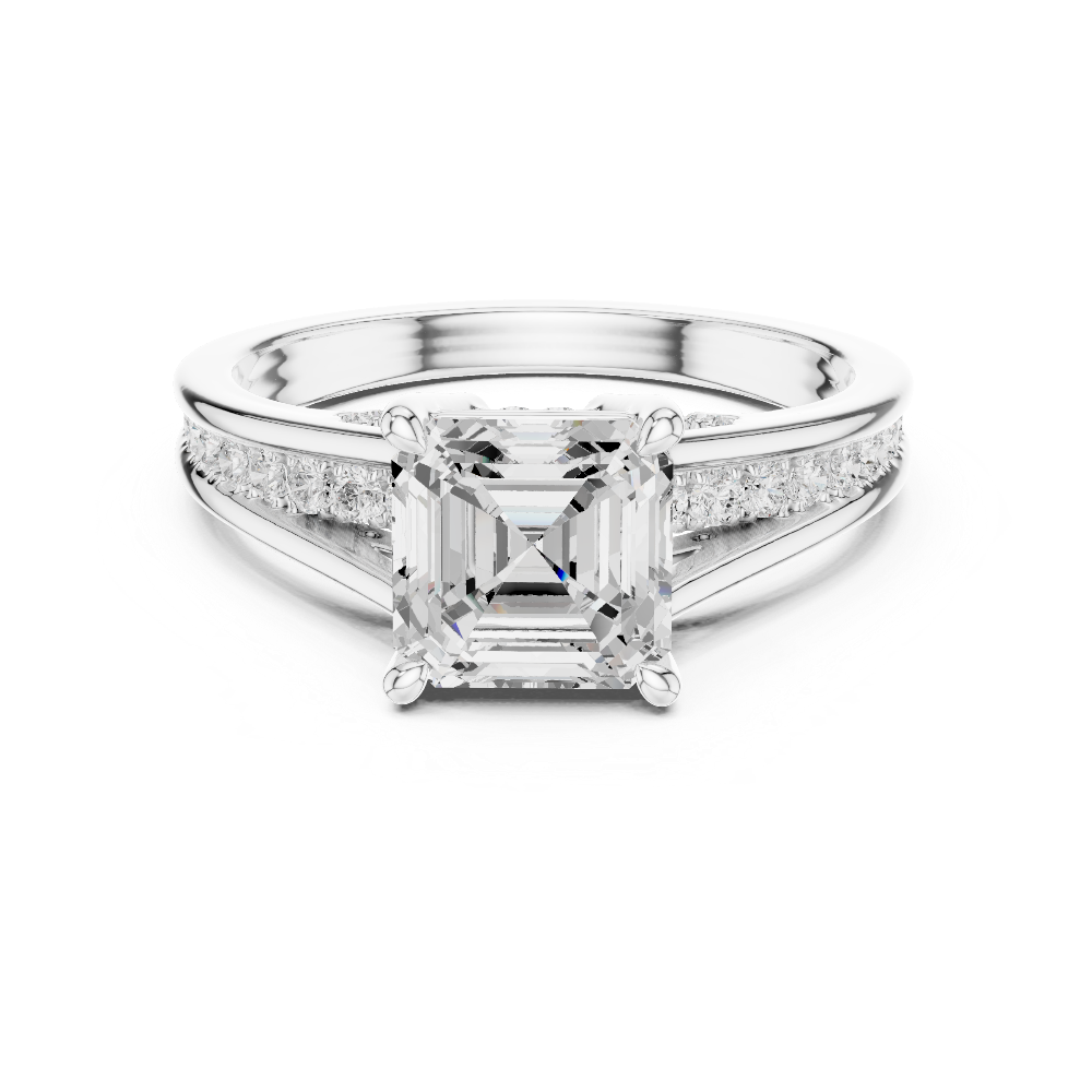 Ladies Asscher split shank diamond ring in gold with Asscher and round lab grown diamonds by Signora Jewels