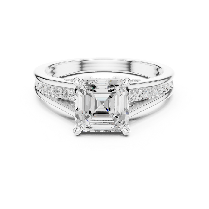 Ladies Asscher split shank diamond ring in gold with Asscher and round lab grown diamonds by Signora Jewels