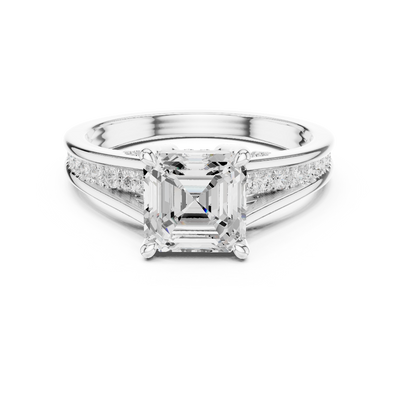 Ladies Asscher split shank diamond ring in gold with Asscher and round lab grown diamonds by Signora Jewels