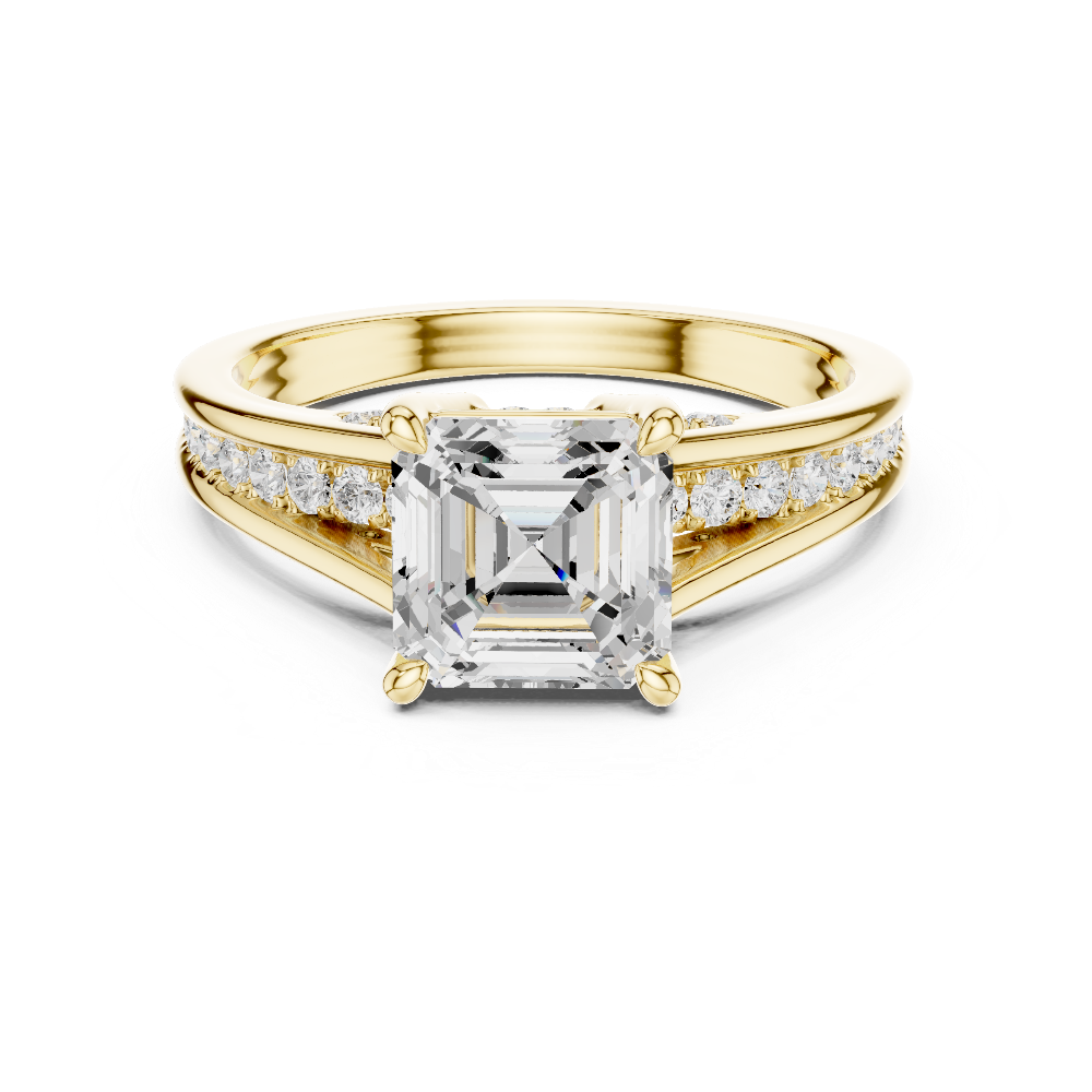 Ladies Asscher split shank diamond ring in gold with Asscher and round lab grown diamonds by Signora Jewels