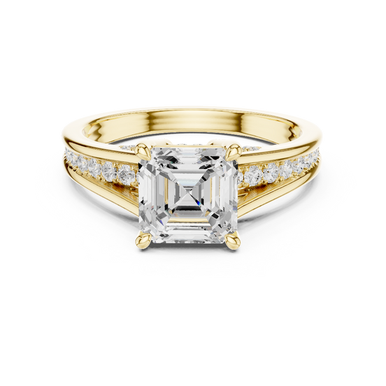 Asscher cut lab grown diamond split shank ring in Yellow gold