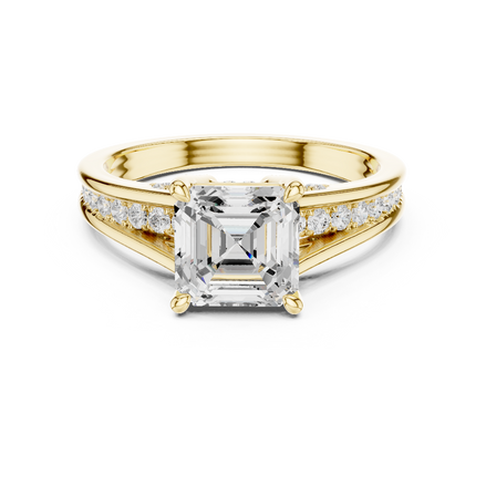 Ladies Asscher split shank diamond ring in gold with Asscher and round lab grown diamonds by Signora Jewels