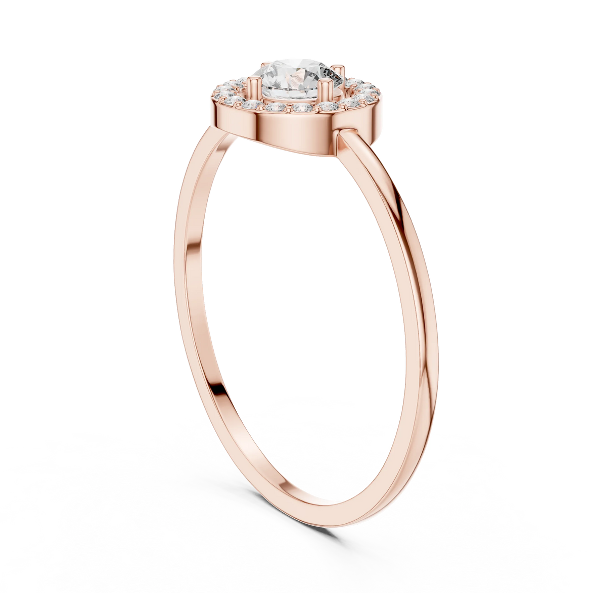 Round brilliant diamond halo ring with round accent diamonds and slim polished band