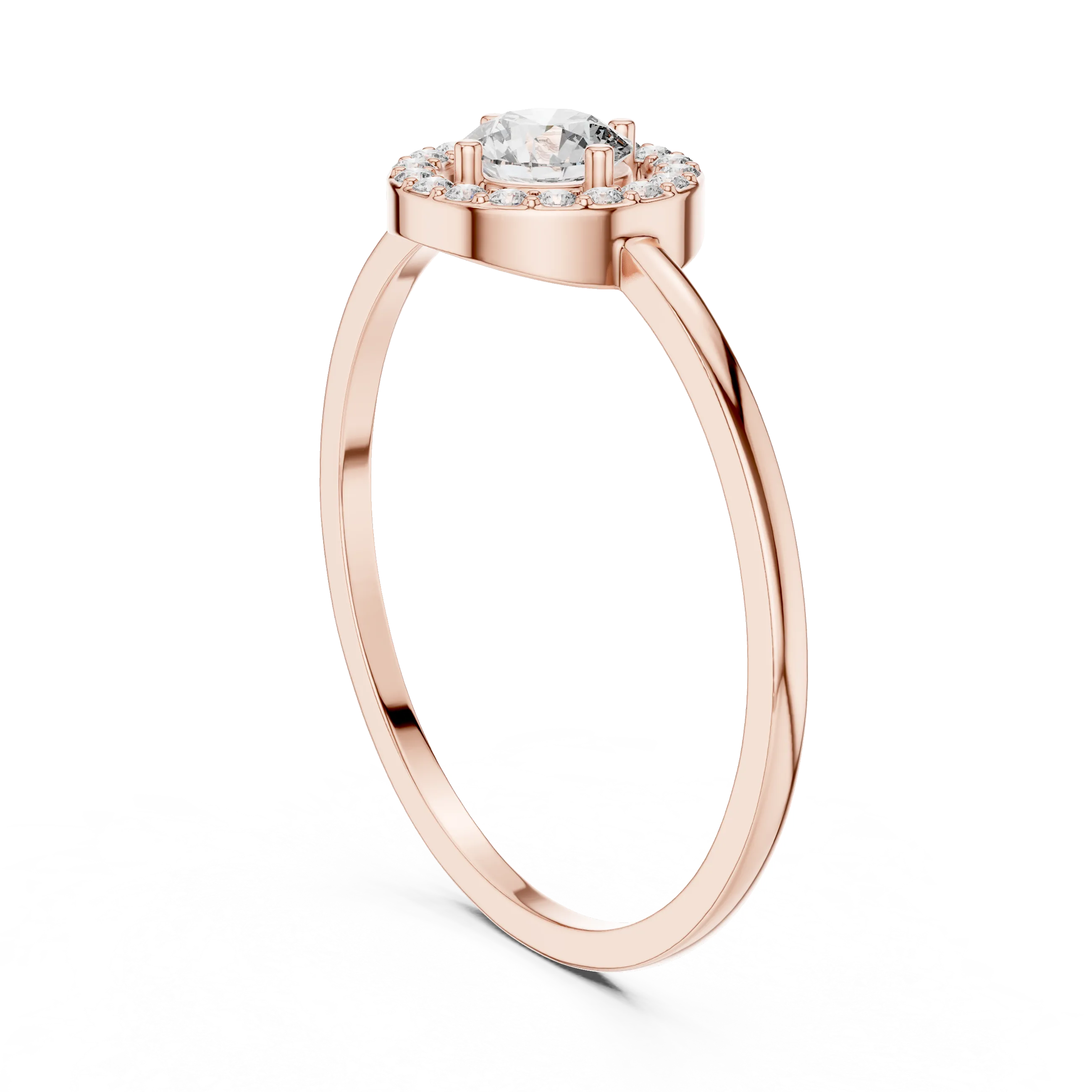Round brilliant diamond halo ring with round accent diamonds and slim polished band