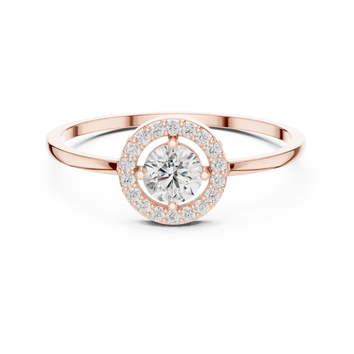 Round brilliant diamond halo ring with round accent diamonds and slim polished band