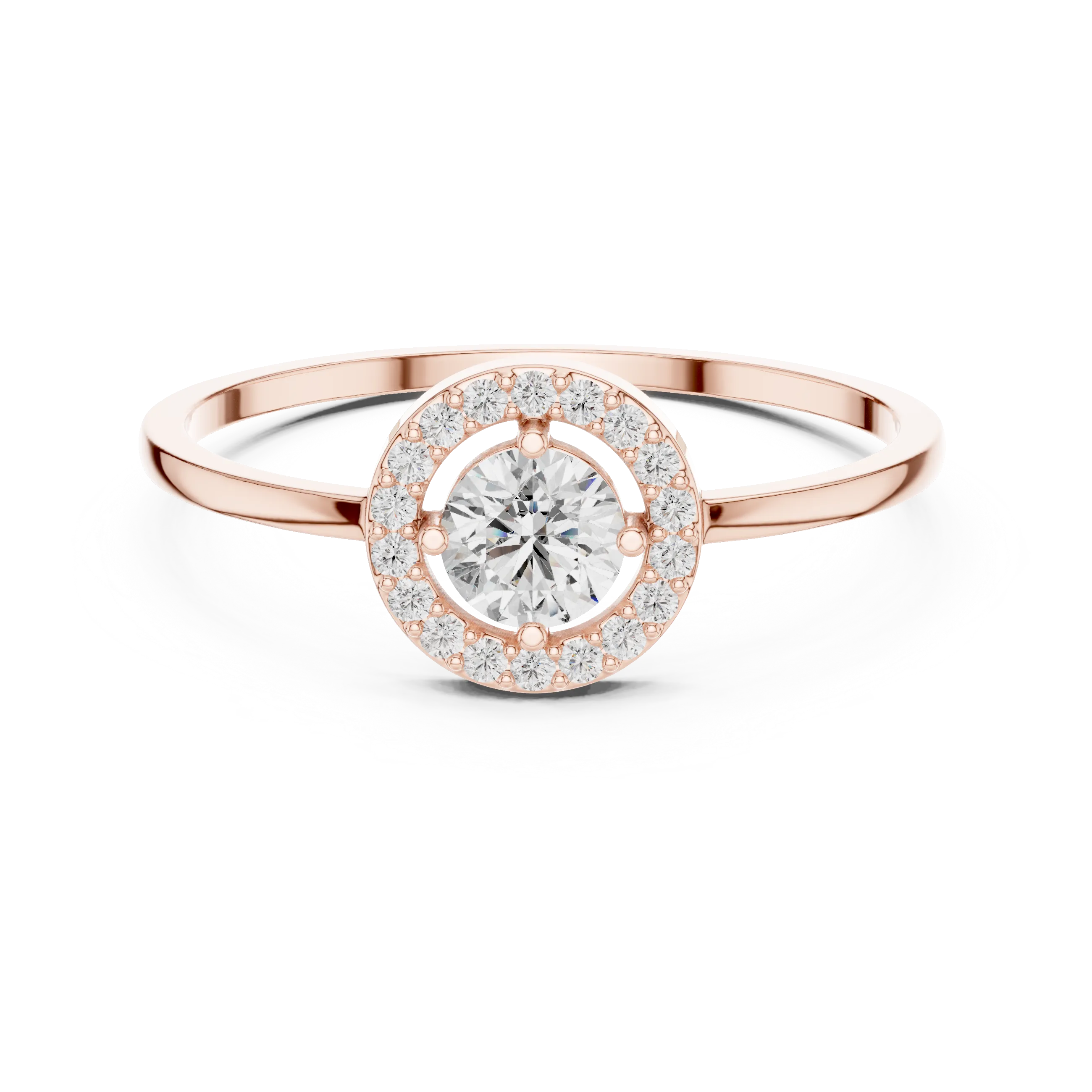 Round brilliant diamond halo ring with round accent diamonds and slim polished band