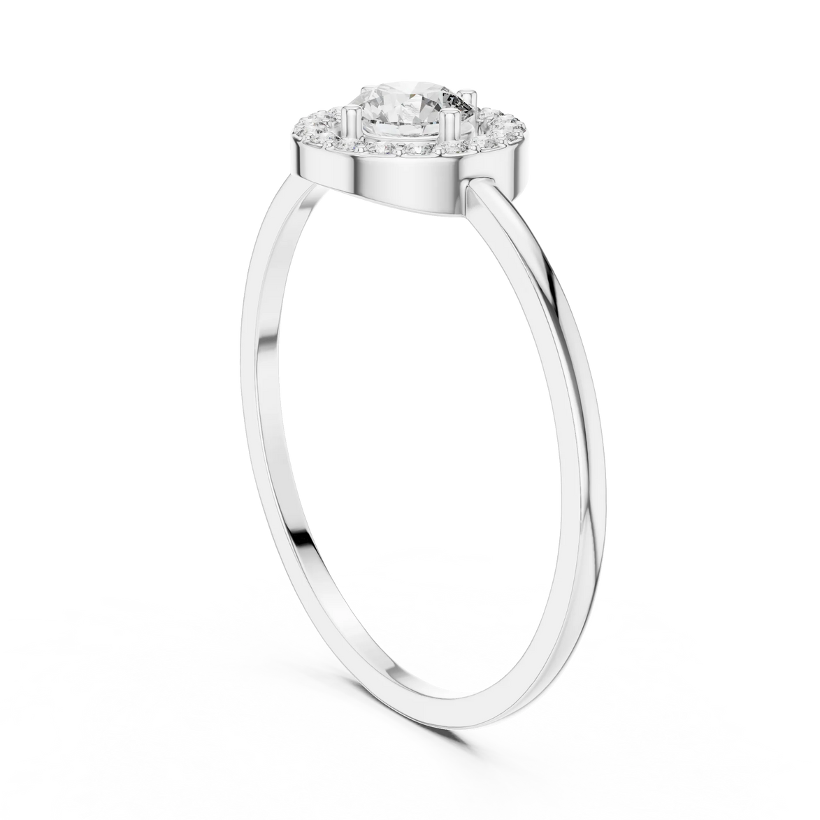Round brilliant diamond halo ring with round accent diamonds and slim polished band