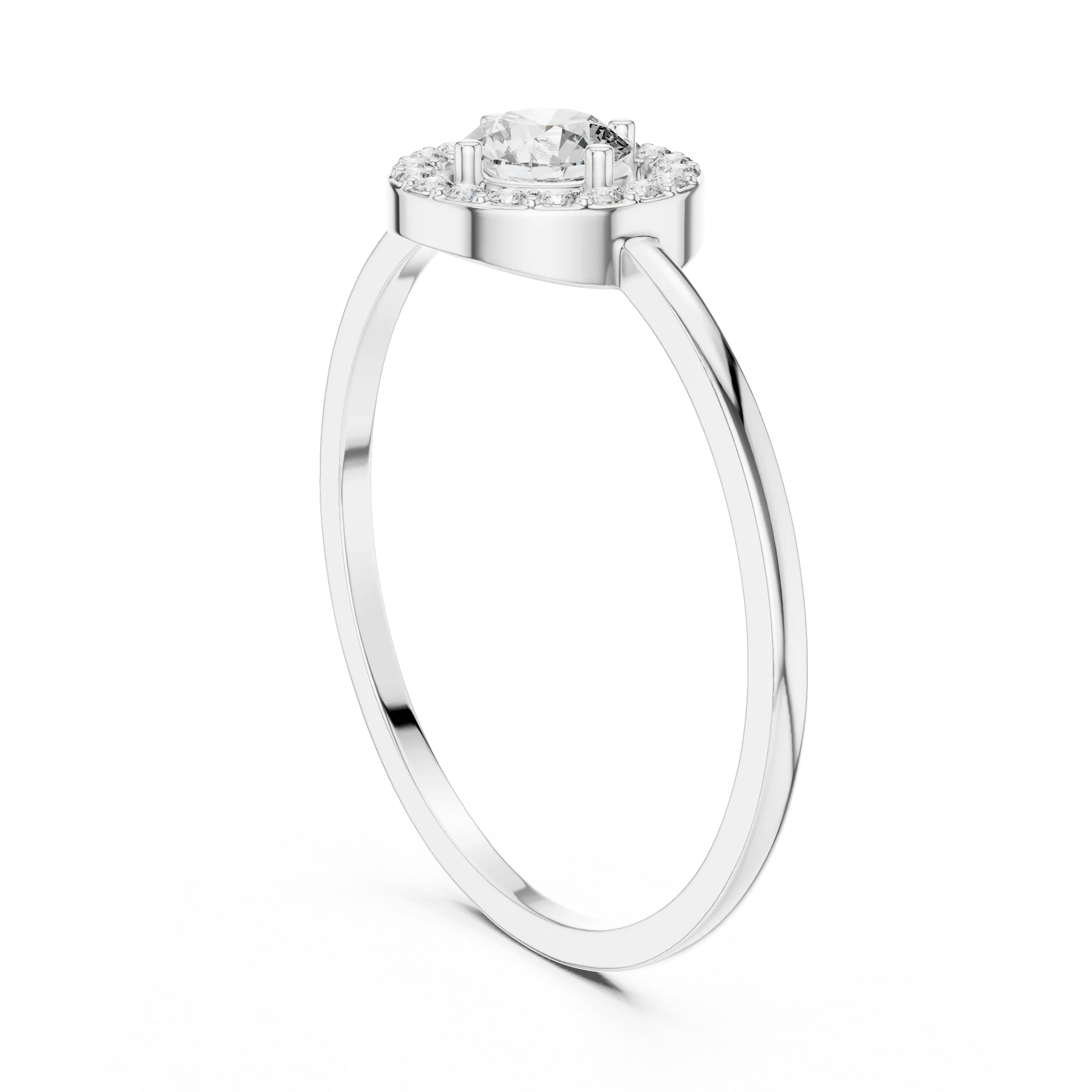 Round brilliant diamond halo ring with round accent diamonds and slim polished band