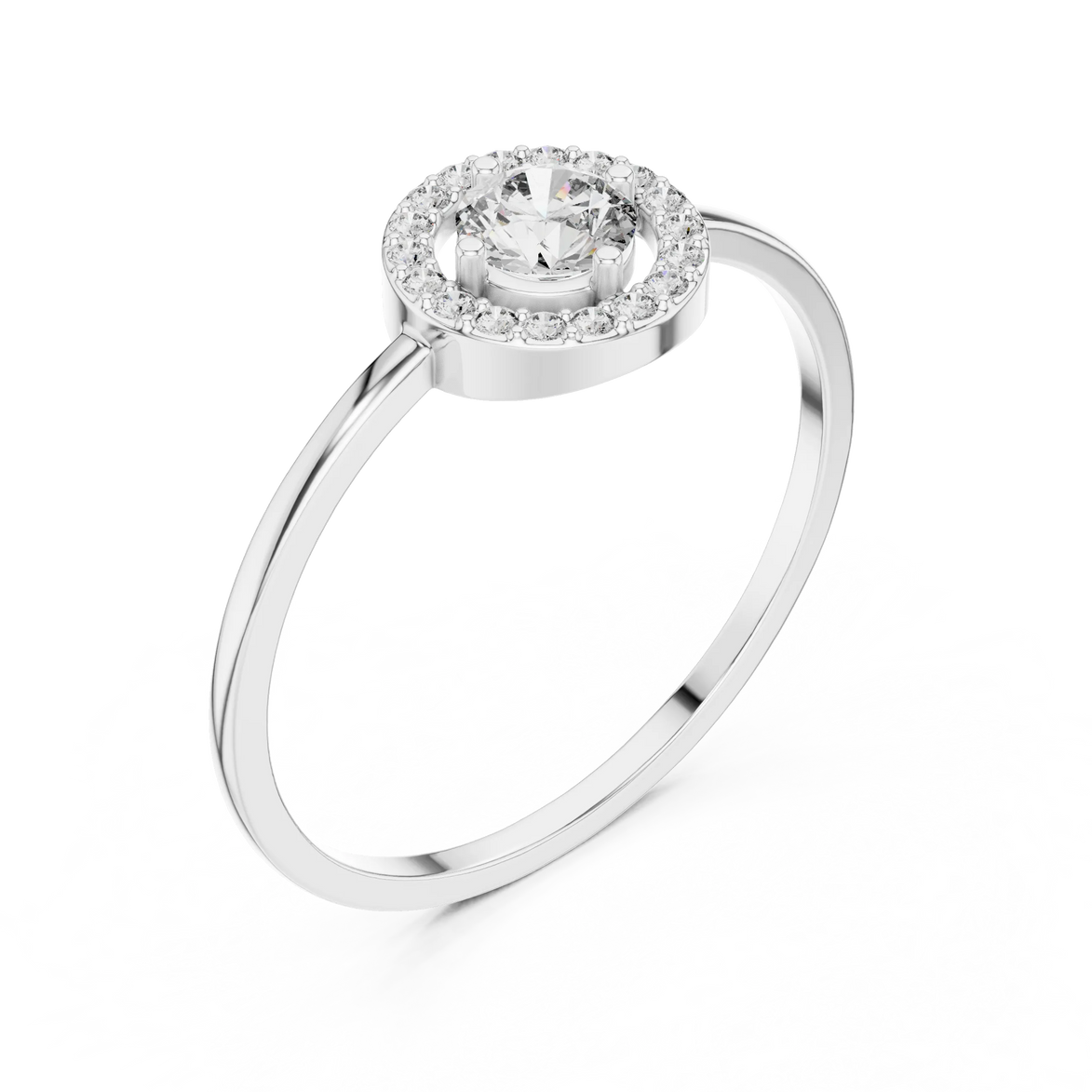Round brilliant diamond halo ring with round accent diamonds and slim polished band