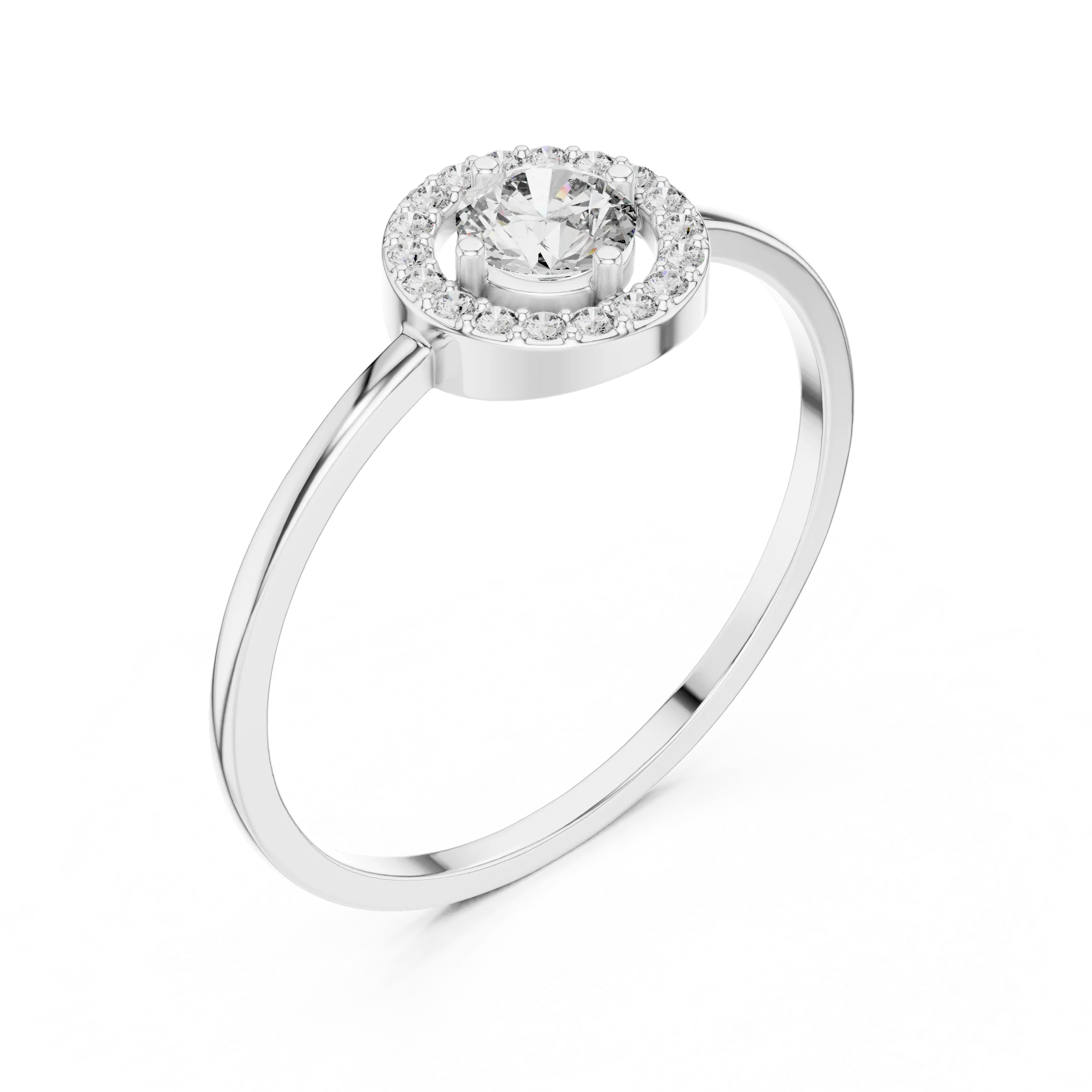 Round brilliant diamond halo ring with round accent diamonds and slim polished band