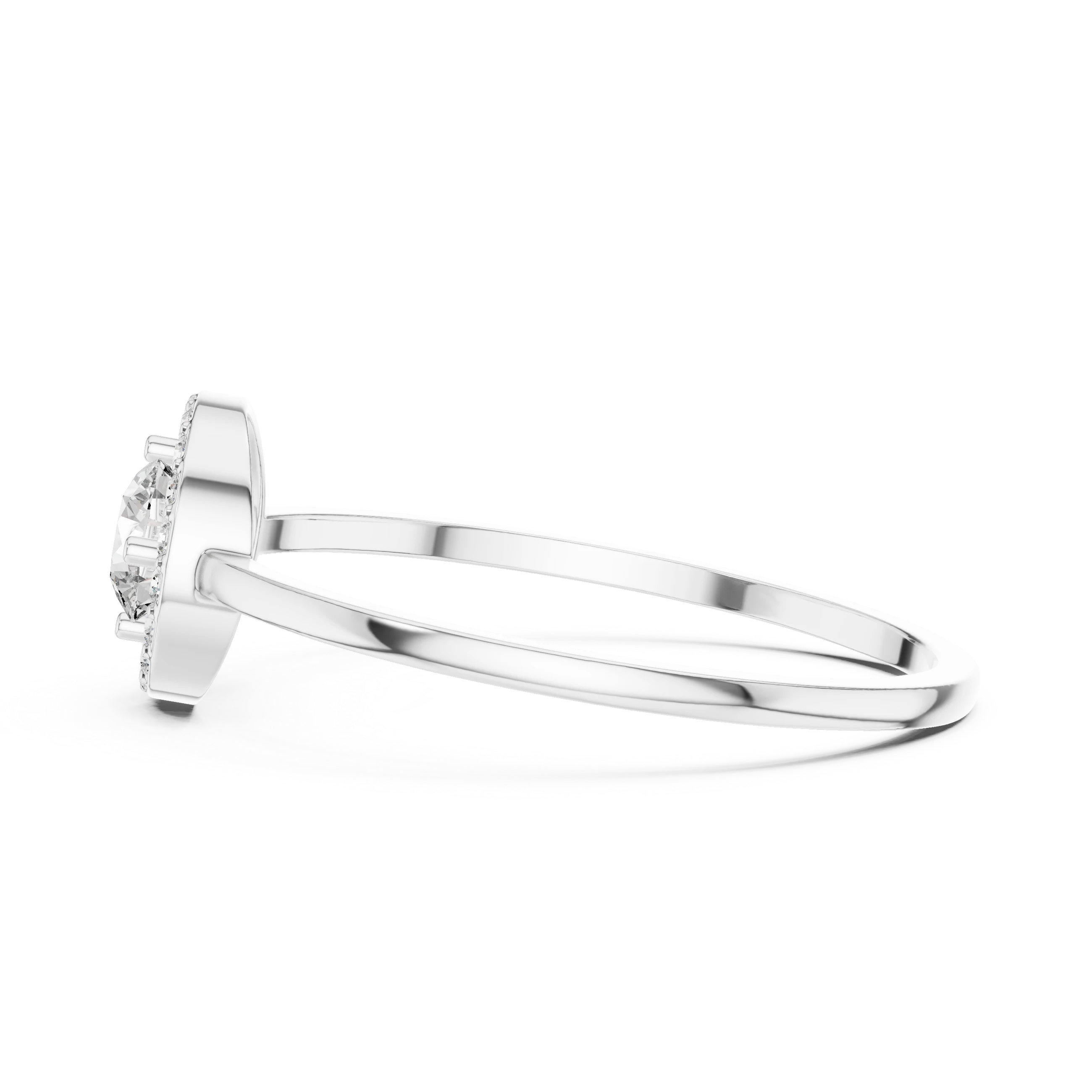 Round brilliant diamond halo ring with round accent diamonds and slim polished band