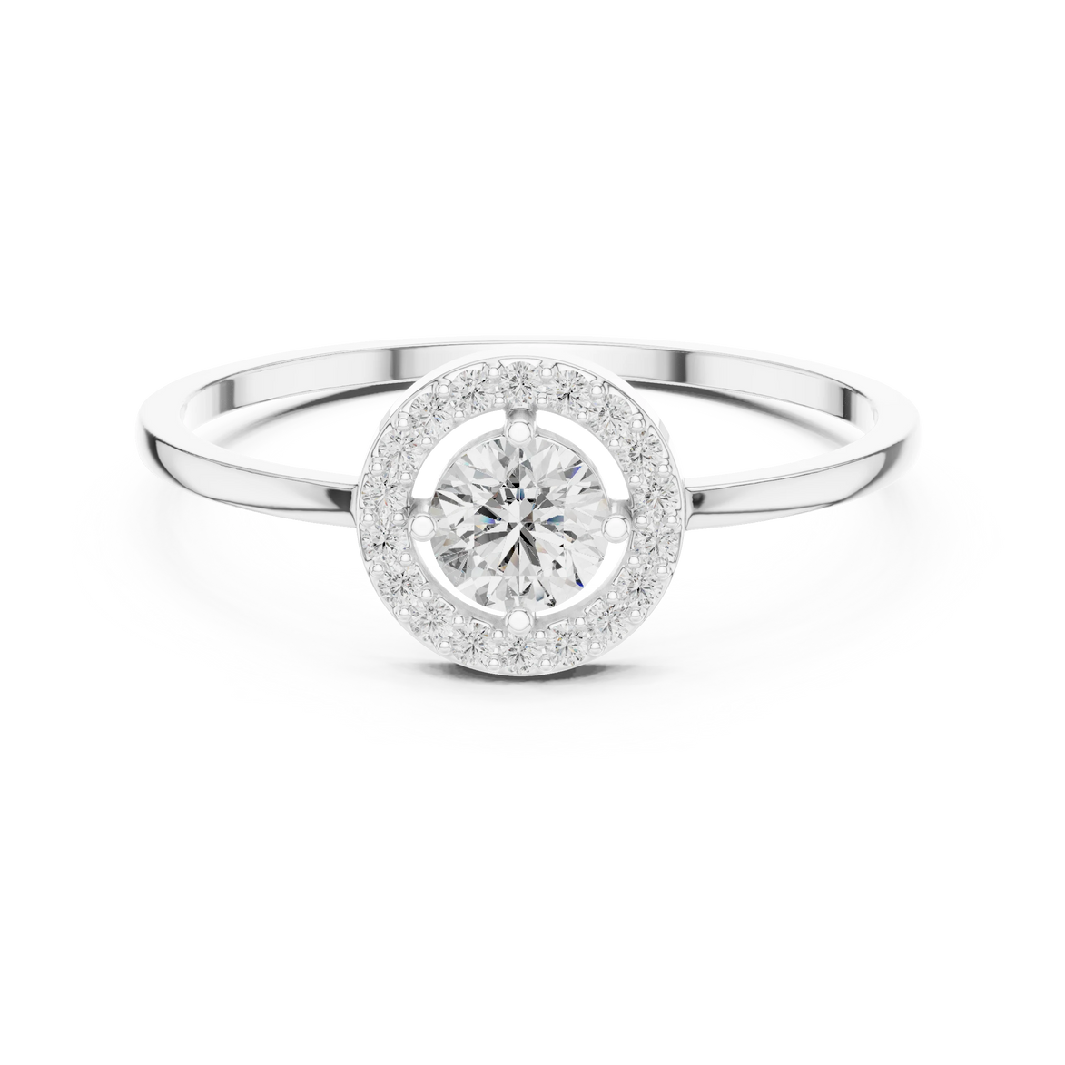 Round brilliant diamond halo ring with round accent diamonds and slim polished band