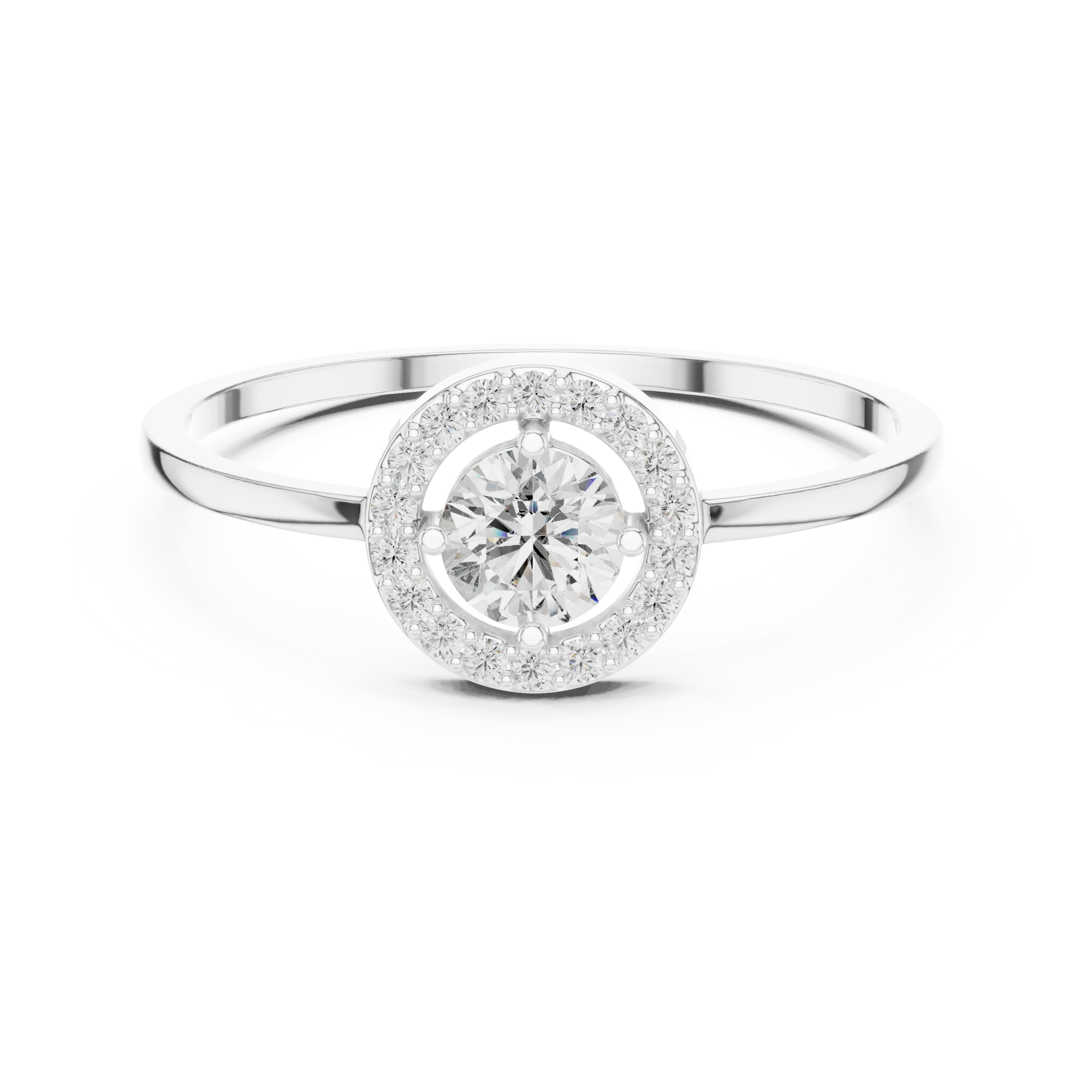 Round brilliant diamond halo ring with round accent diamonds and slim polished band