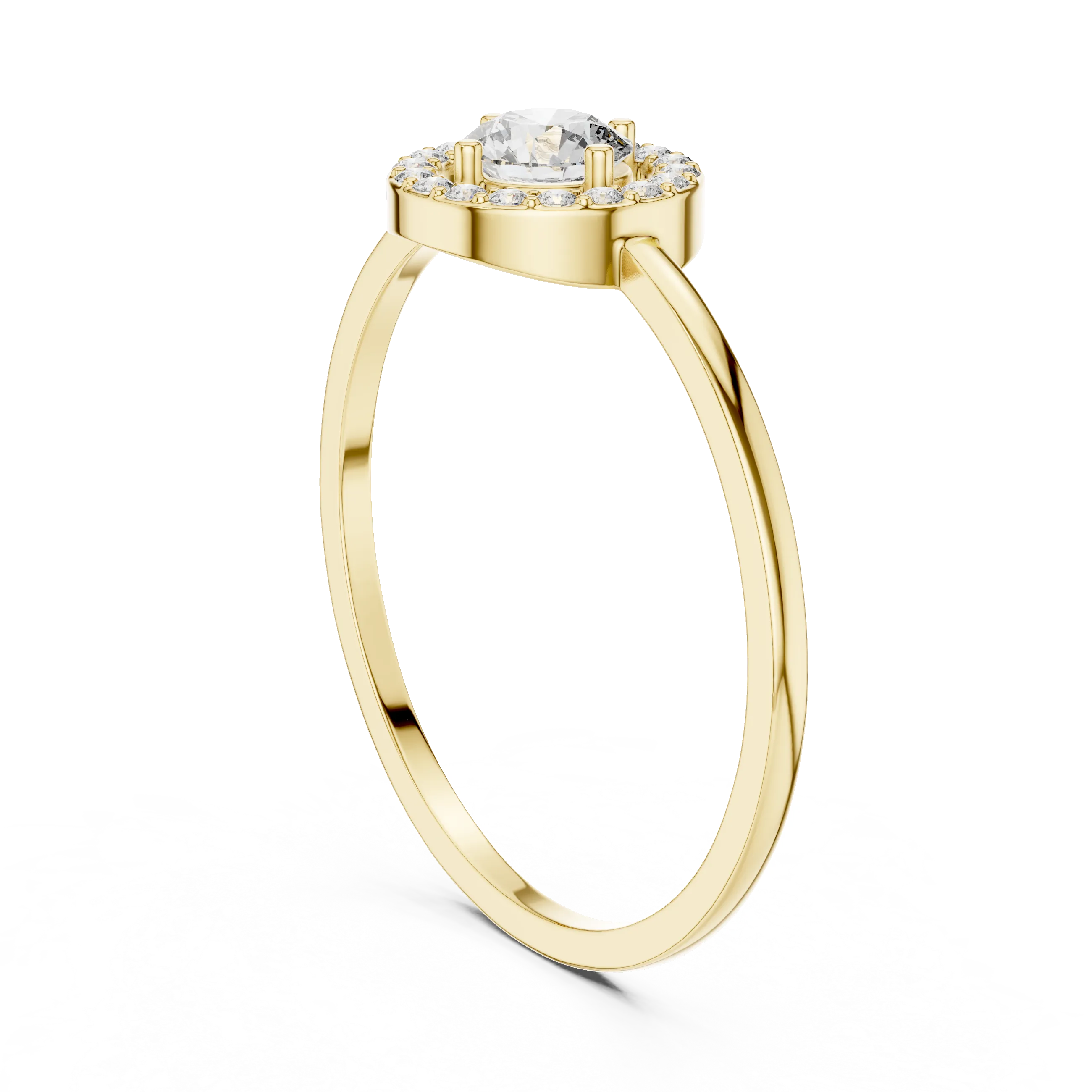 Round brilliant diamond halo ring with round accent diamonds and slim polished band